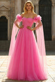 Off The Shoulder Hot Pink A Line Pleated Tulle Long Prom Dress with Streamer