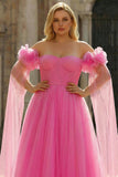 Hot Pink Off the Shoulder A Line Pleated Tulle Long Plus Size Prom Dress with Streamer