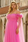 Hot Pink Off the Shoulder A Line Pleated Tulle Long Plus Size Prom Dress with Streamer