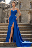 Royal Blue Strapless Mermaid Beaded Long Satin Prom Dress with Slit