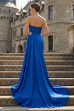 Royal Blue Strapless Mermaid Beaded Long Satin Prom Dress with Slit