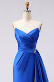Royal Blue Strapless Mermaid Beaded Long Satin Prom Dress with Slit