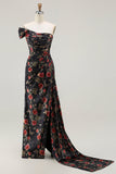Black One Shoulder Sheath Red Floral Print Long Prom Dress with Flowing Train