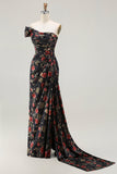 Black One Shoulder Sheath Red Floral Print Long Prom Dress with Flowing Train