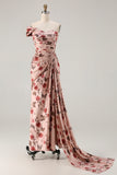 Black Red Flower Print One Shoulder Sheath Long Formal Dress with Train