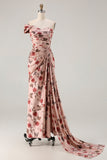 One Shoulder Sheath Blush Floral Print Long Prom Dress with Train