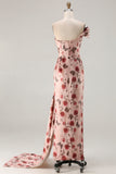 Black Red Flower Print One Shoulder Sheath Long Formal Dress with Train
