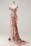 One Shoulder Sheath Blush Floral Print Long Prom Dress with Train
