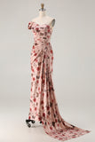 Black Red Flower Print One Shoulder Sheath Long Formal Dress with Train