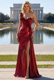 Metallic Burgundy One Shoulder Mermaid Side Slit Long Prom Dress with 3D Flowers