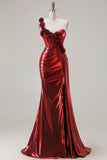 Metallic Burgundy One Shoulder Mermaid Side Slit Long Prom Dress with 3D Flowers