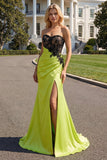 Strapless Mermaid Black Green Appliqued Lace Long Prom Dress with Slit