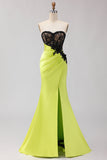 Strapless Mermaid Black Green Appliqued Lace Long Prom Dress with Slit