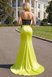 Strapless Mermaid Black Green Appliqued Lace Long Prom Dress with Slit