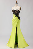 Strapless Mermaid Black Green Appliqued Lace Long Prom Dress with Slit