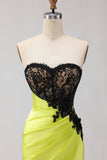 Strapless Mermaid Black Green Appliqued Lace Long Prom Dress with Slit