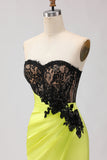 Strapless Mermaid Black Green Appliqued Lace Long Prom Dress with Slit