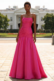 Strapless Fuchsia A-Line Convertible Satin Long Prom Dress with Large Bow