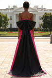 Strapless Fuchsia A-Line Convertible Satin Long Prom Dress with Large Bow