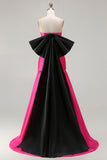 Strapless Fuchsia A-Line Convertible Satin Long Prom Dress with Large Bow