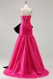Strapless Fuchsia A-Line Convertible Satin Long Prom Dress with Large Bow
