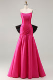 Strapless Fuchsia A-Line Convertible Satin Long Prom Dress with Large Bow
