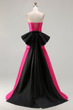 Strapless Fuchsia A-Line Convertible Satin Long Prom Dress with Large Bow