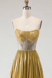 Metallic Golden Strapless Pleated A-Line Beaded Corset Long Prom Dress with Slit