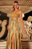 Metallic Golden Strapless Pleated A-Line Corset Beaded Long Prom Dress with Slit