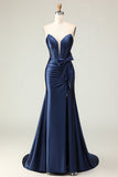 Sparkly Navy Mermaid Strapless Corset Beaded Maxi Formal Dress with Bow