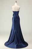 Navy Mermaid Strapless Beaded Corset Ruched Long Prom Dress with Bow