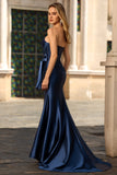 Sparkly Navy Mermaid Strapless Corset Beaded Maxi Formal Dress with Bow