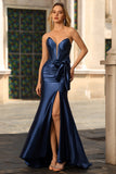 Sparkly Navy Mermaid Strapless Corset Beaded Maxi Formal Dress with Bow