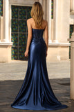 Sparkly Navy Mermaid Strapless Corset Beaded Maxi Formal Dress with Bow