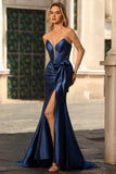 Sparkly Navy Mermaid Strapless Corset Beaded Maxi Formal Dress with Bow
