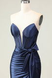 Navy Mermaid Strapless Beaded Corset Ruched Long Prom Dress with Bow