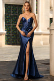 Sparkly Navy Mermaid Strapless Corset Beaded Maxi Formal Dress with Bow