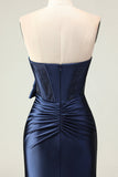 Navy Mermaid Strapless Beaded Corset Ruched Long Prom Dress with Bow