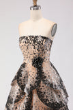 Sparkly Black Apricot Strapless A Line Sequin Tiered Princess Long Prom Dress
