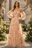 Champagne Strapless A Line Tulle Convertible Long Prom Dress with 3D Flowers
