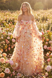 Champagne Strapless A Line Tulle Convertible Long Prom Dress with 3D Flowers