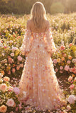 Champagne Strapless A Line Tulle Convertible Long Prom Dress with 3D Flowers
