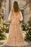 Champagne Strapless A Line Tulle Convertible Long Prom Dress with 3D Flowers