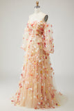 Champagne Strapless A Line 3D Flowers Tulle Long Prom Dress with Removable Sleeves