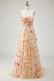 Champagne Strapless A Line Tulle Convertible Long Prom Dress with 3D Flowers