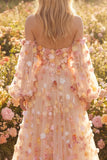Champagne Strapless A Line Tulle Convertible Long Prom Dress with 3D Flowers