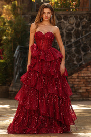 Sparkly Burgundy Princess Sweetheart Fringed Long Sequin Formal Dress with Ruffles