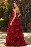 Sparkly Burgundy Princess Sweetheart Fringed Long Sequin Formal Dress with Ruffles
