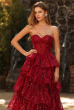Sparkly Burgundy Princess Sweetheart Fringed Long Sequin Formal Dress with Ruffles