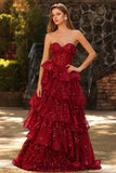Sparkly Burgundy Princess Sweetheart Fringed Long Sequin Formal Dress with Ruffles